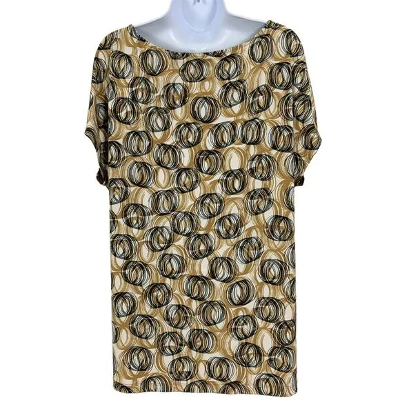 New York & Company Womens Stretch Top Beige & Black Circles Pattern Short Sleeve - Picture 3 of 10